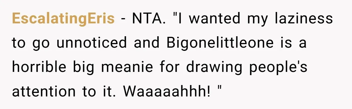 EscalatingEris − NTA. "I wanted my laziness to go unnoticed and Bigonelittleone is a horrible big meanie for drawing people's attention to it. Waaaaahhh! "