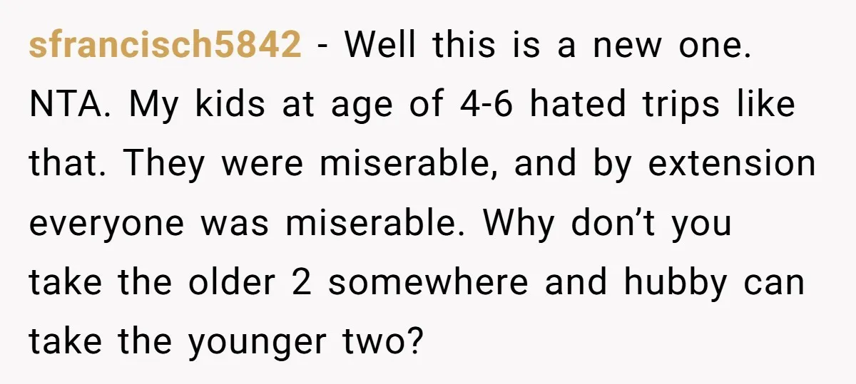 sfrancisch5842 − Well this is a new one. NTA. My kids at age of 4-6 hated trips like that. They were miserable, and by extension everyone was miserable. Why don’t...
