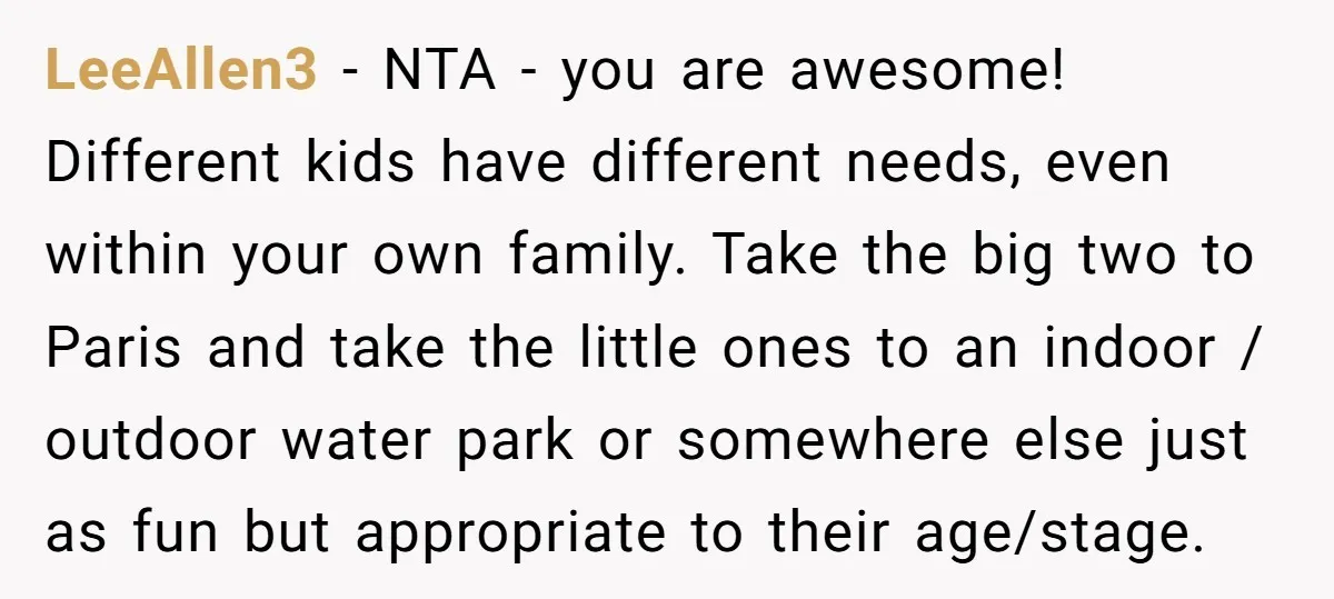 LeeAllen3 − NTA - you are awesome! Different kids have different needs, even within your own family. Take the big two to Paris and take the little ones to an...