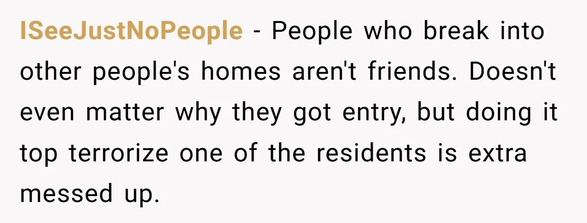 ISeeJustNoPeople − People who break into other people's homes aren't friends. Doesn't even matter why they got entry, but doing it top terrorize one of the residents is extra messed...