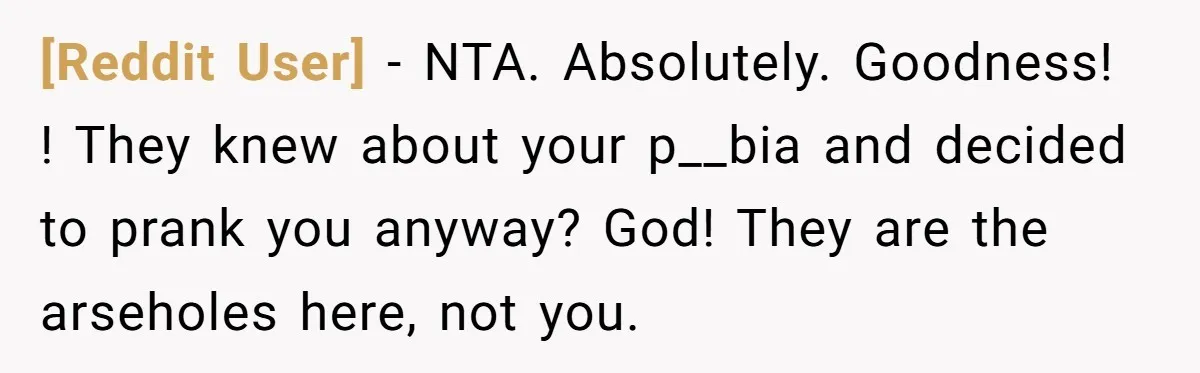 [Reddit User] − NTA. Absolutely. Goodness! ! They knew about your p__bia and decided to prank you anyway? God! They are the arseholes here, not you.