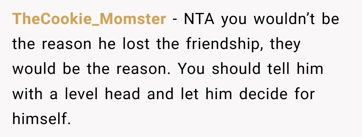 TheCookie_Momster − NTA you wouldn’t be the reason he lost the friendship, they would be the reason. You should tell him with a level head and let him decide for...