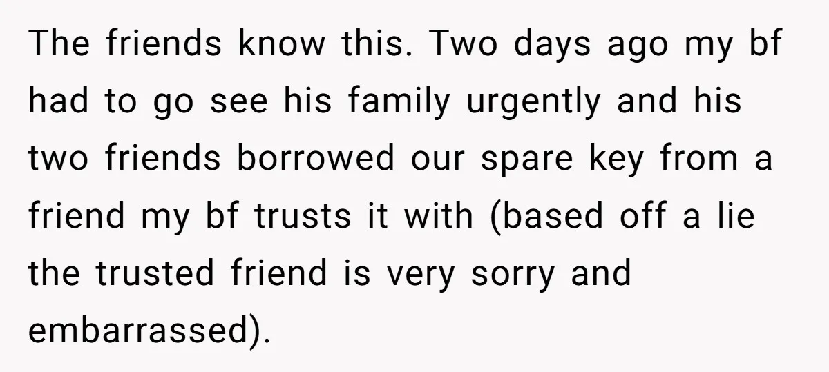 The friends know this. Two days ago my bf had to go see his family urgently and his two friends borrowed our spare key from a friend my bf trusts...