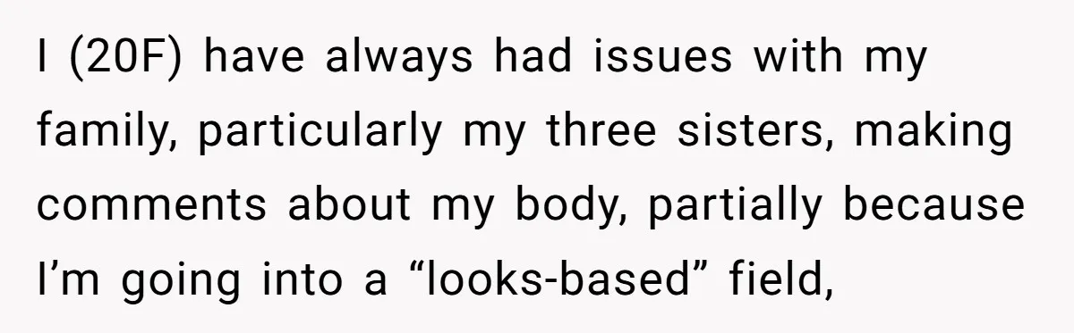 I (20F) have always had issues with my family, particularly my three sisters, making comments about my body, partially because I’m going into a “looks-based” field,