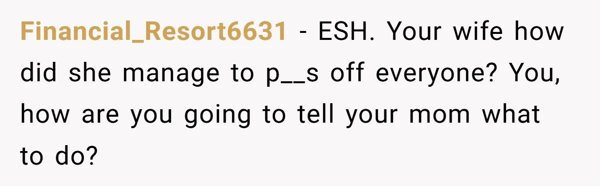 Financial_Resort6631 − ESH. Your wife how did she manage to p__s off everyone? You, how are you going to tell your mom what to do?