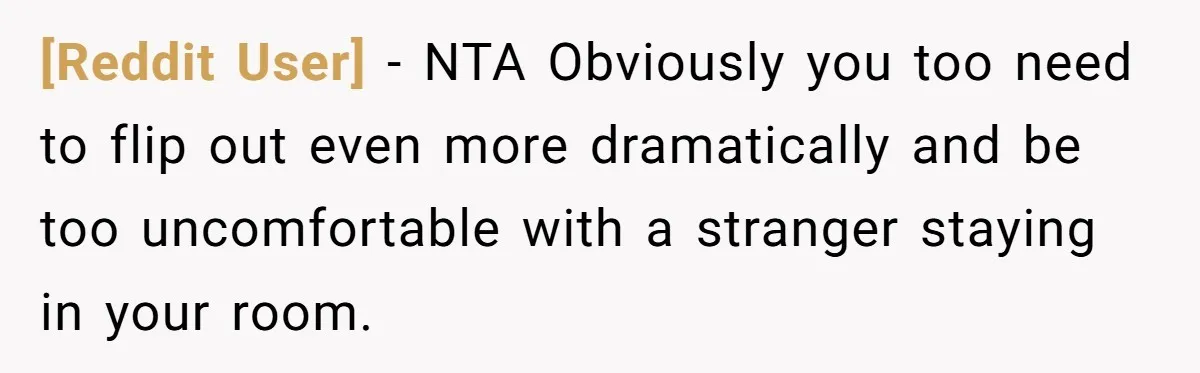 [Reddit User] − NTA Obviously you too need to flip out even more dramatically and be too uncomfortable with a stranger staying in your room.