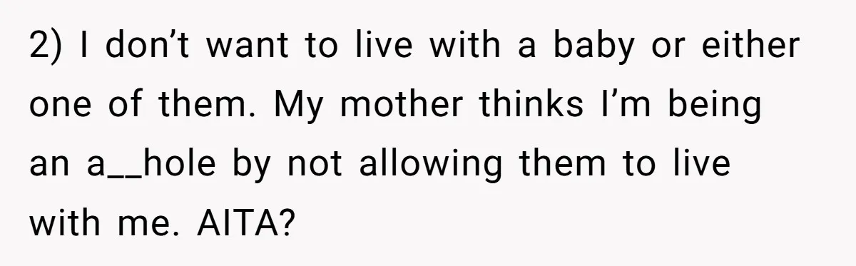 2) I don’t want to live with a baby or either one of them. My mother thinks I’m being an a__hole by not allowing them to live with me. AITA?