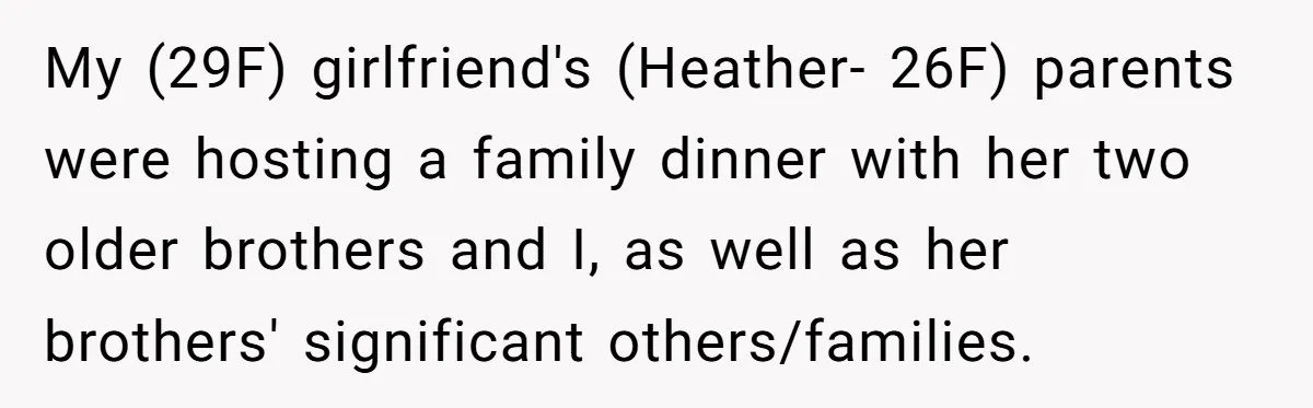 My (29F) girlfriend's (Heather- 26F) parents were hosting a family dinner with her two older brothers and I, as well as her brothers' significant others/families.