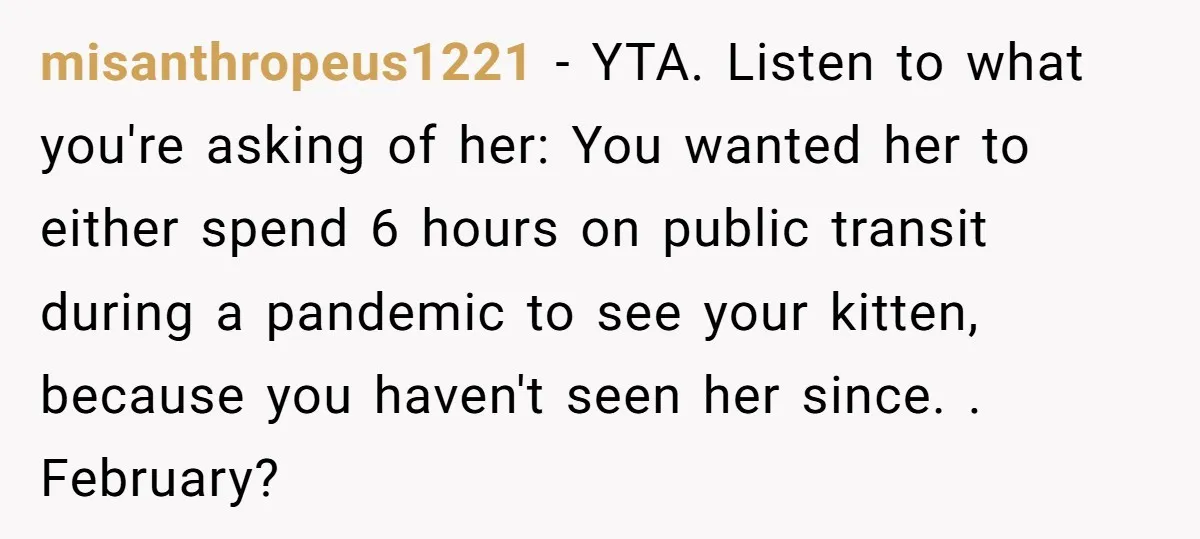 misanthropeus1221 − YTA. Listen to what you're asking of her: You wanted her to either spend 6 hours on public transit during a pandemic to see your kitten, because you...
