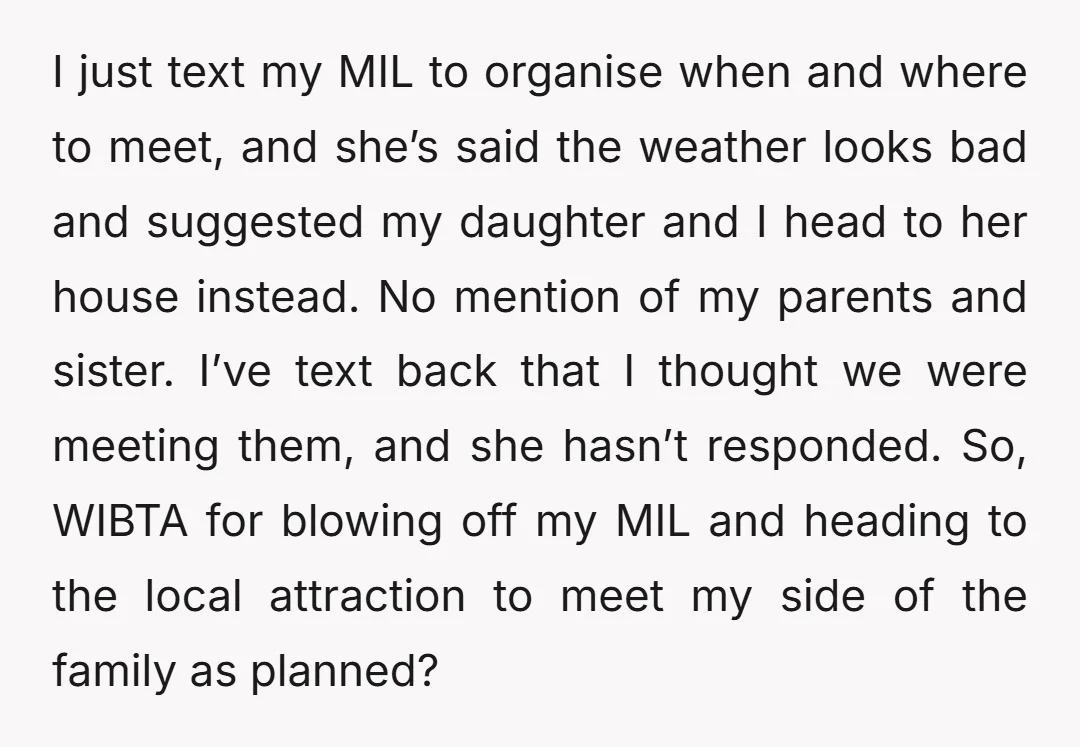 I just text my MIL to organise when and where to meet, and she’s said the weather looks bad and suggested my daughter and I head to her house instead....