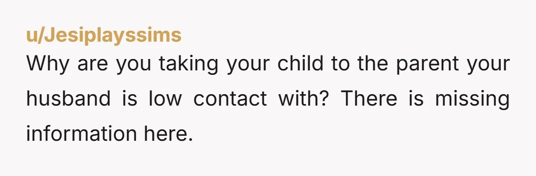 u/Jesiplayssims
Why are you taking your child to the parent your husband is low contact with? There is missing information here.