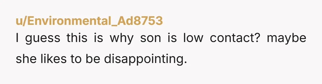 u/Environmental_Ad8753
I guess this is why son is low contact? maybe she likes to be disappointing.