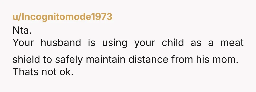 u/Incognitomode1973
Nta.
Your husband is using your child as a meat shield to safely maintain distance from his mom.
Thats not ok.