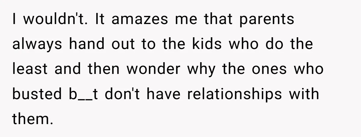 I wouldn't. It amazes me that parents always hand out to the kids who do the least and then wonder why the ones who busted b__t don't have relationships with...
