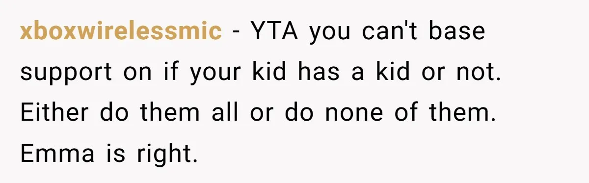 xboxwirelessmic − YTA you can't base support on if your kid has a kid or not. Either do them all or do none of them. Emma is right.