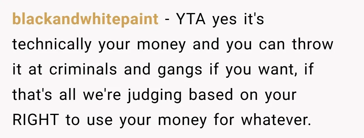 blackandwhitepaint − YTA yes it's technically your money and you can throw it at criminals and gangs if you want, if that's all we're judging based on your RIGHT to...