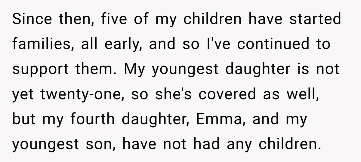 Since then, five of my children have started families, all early, and so I've continued to support them. My youngest daughter is not yet twenty-one, so she's covered as well,...