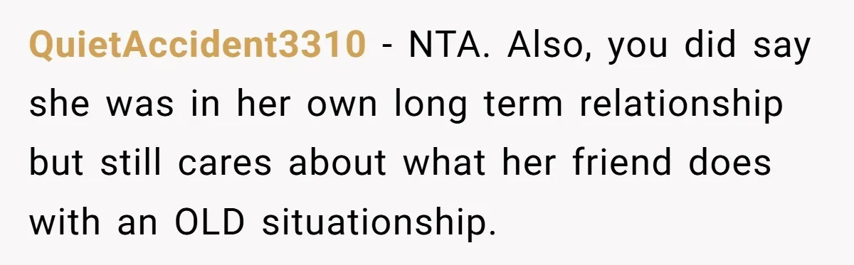QuietAccident3310 − NTA. Also, you did say she was in her own long term relationship but still cares about what her friend does with an OLD situationship.