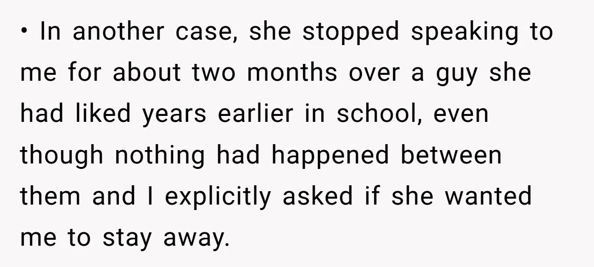 • In another case, she stopped speaking to me for about two months over a guy she had liked years earlier in school, even though nothing had happened between them...