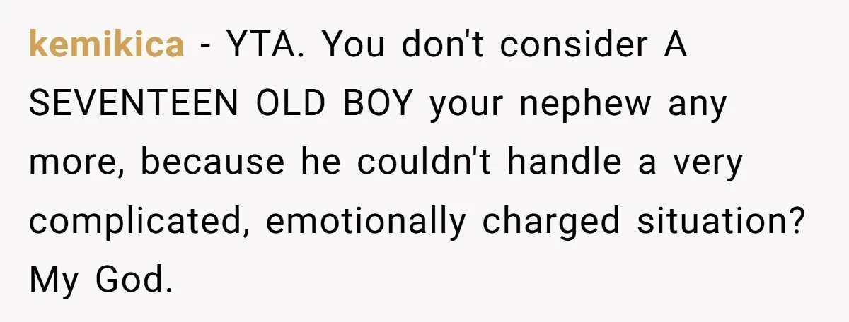 kemikica − YTA. You don't consider A SEVENTEEN OLD BOY your nephew any more, because he couldn't handle a very complicated, emotionally charged situation? My God.