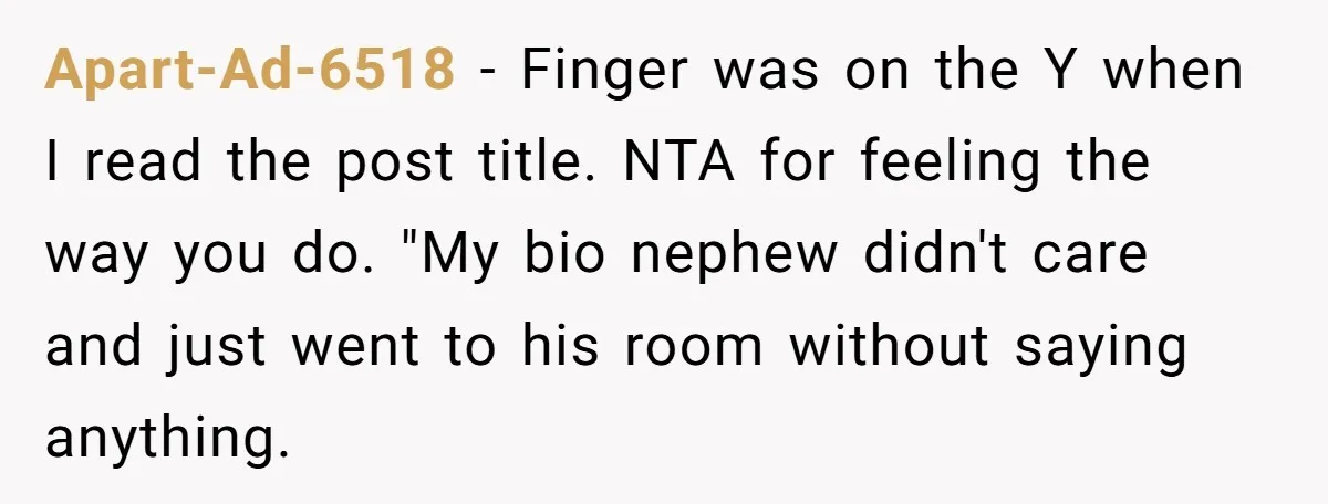 Apart-Ad-6518 − Finger was on the Y when I read the post title. NTA for feeling the way you do. "My bio nephew didn't care and just went to his...