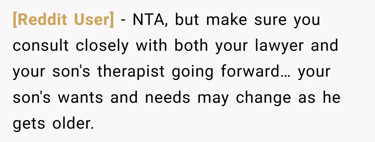 [Reddit User] − NTA, but make sure you consult closely with both your lawyer and your son's therapist going forward… your son's wants and needs may change as he gets...