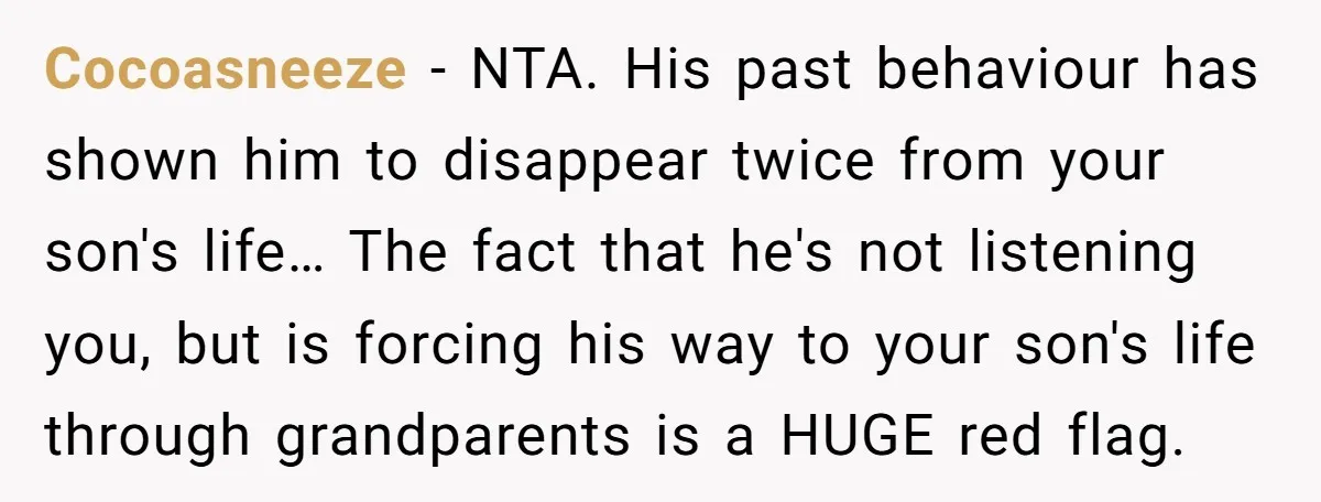 Cocoasneeze − NTA. His past behaviour has shown him to disappear twice from your son's life… The fact that he's not listening you, but is forcing his way to your...