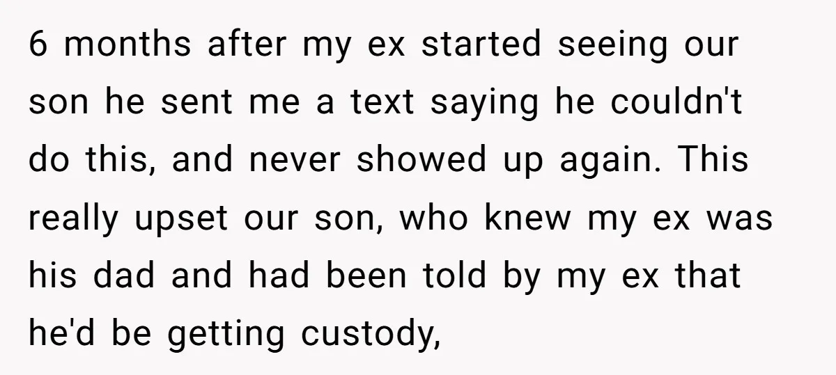 6 months after my ex started seeing our son he sent me a text saying he couldn't do this, and never showed up again. This really upset our son, who...