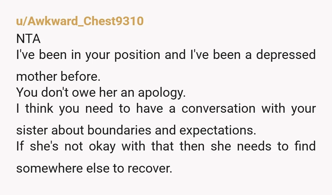 u/Original_Pythonette I'm sure you know you're NTA. She doesn't get to sleep through her obligations as a mother. I have severe, often crippling, depression, but, I have responsibilities and pets...