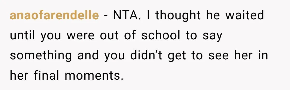 anaofarendelle − NTA. I thought he waited until you were out of school to say something and you didn’t get to see her in her final moments.