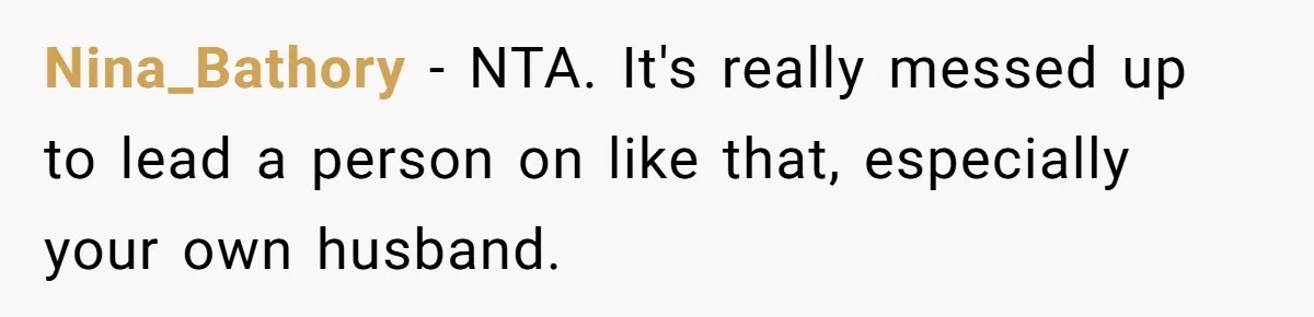 Nina_Bathory − NTA. It's really messed up to lead a person on like that, especially your own husband.