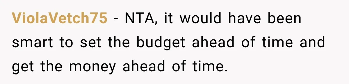 ViolaVetch75 − NTA, it would have been smart to set the budget ahead of time and get the money ahead of time.