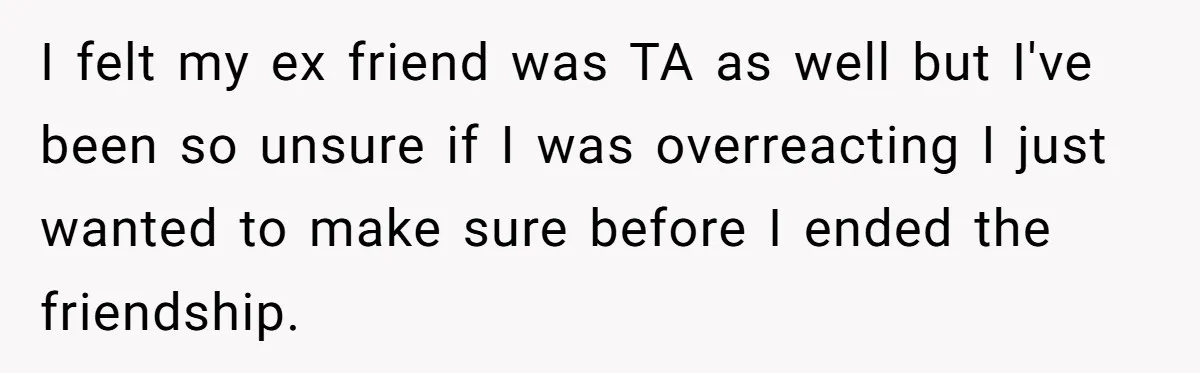 I felt my ex friend was TA as well but I've been so unsure if I was overreacting I just wanted to make sure before I ended the friendship.