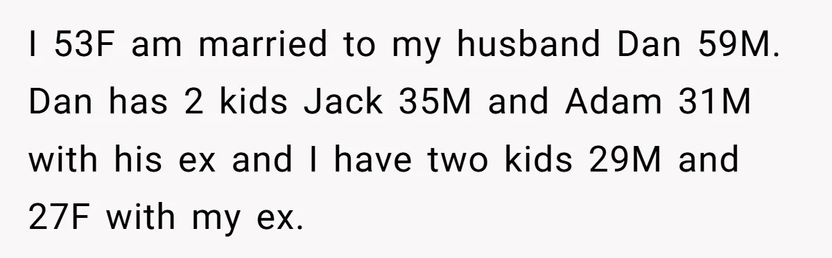 I 53F am married to my husband Dan 59M. Dan has 2 kids Jack 35M and Adam 31M with his ex and I have two kids 29M and 27F with...