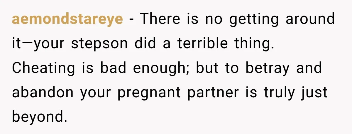 aemondstareye − There is no getting around it—your stepson did a terrible thing. Cheating is bad enough; but to betray and abandon your pregnant partner is truly just beyond.