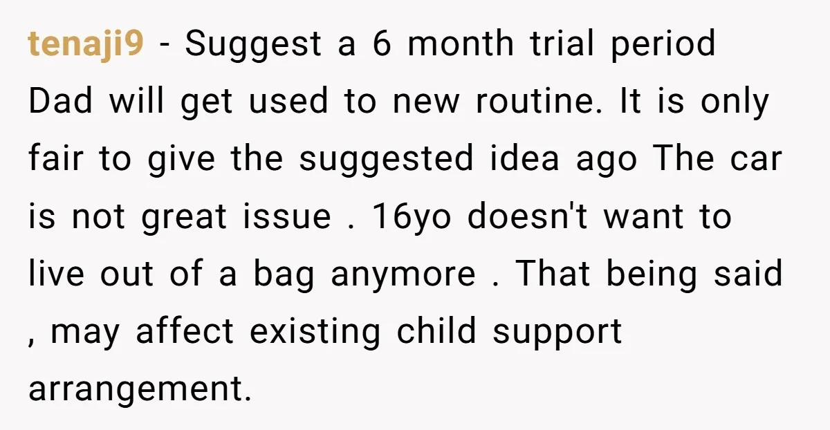tenaji9 − Suggest a 6 month trial period Dad will get used to new routine. It is only fair to give the suggested idea ago The car is not great...