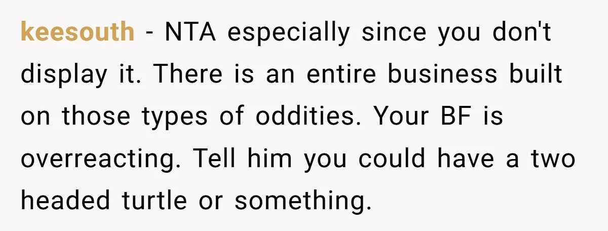 keesouth − NTA especially since you don't display it. There is an entire business built on those types of oddities. Your BF is overreacting. Tell him you could have a...