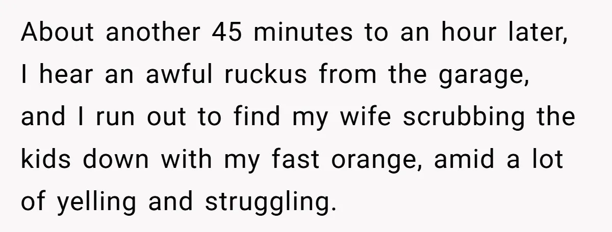 About another 45 minutes to an hour later, I hear an awful ruckus from the garage, and I run out to find my wife scrubbing the kids down with my...