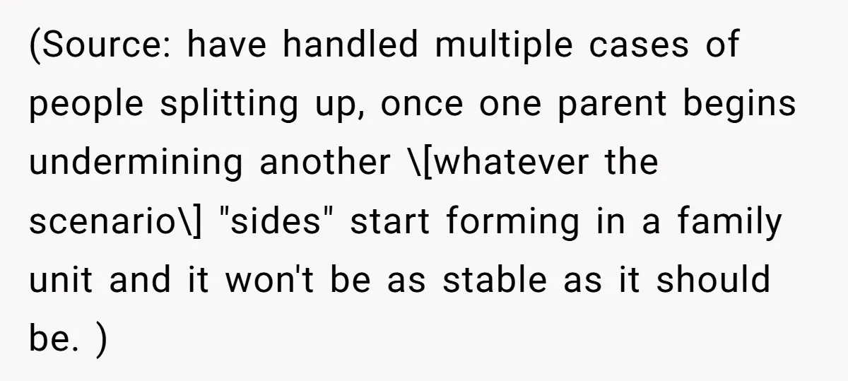 (Source: have handled multiple cases of people splitting up, once one parent begins undermining another \[whatever the scenario\] "sides" start forming in a family unit and it won't be as...