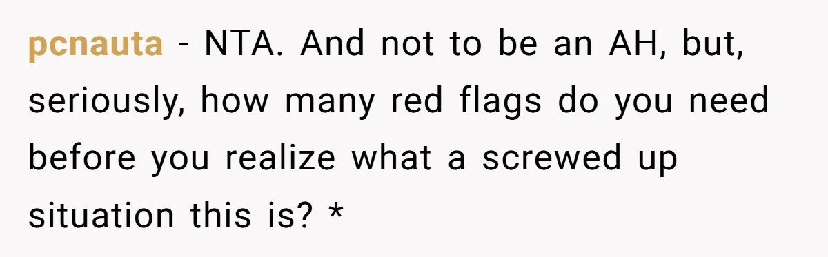 pcnauta − NTA. And not to be an AH, but, seriously, how many red flags do you need before you realize what a screwed up situation this is? *
