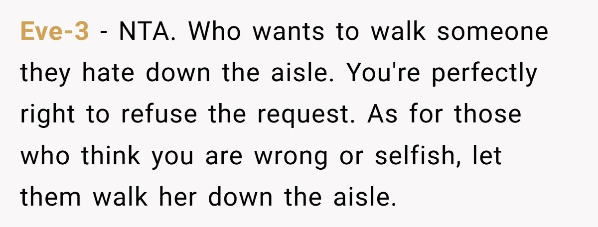 Eve-3 − NTA. Who wants to walk someone they hate down the aisle. You're perfectly right to refuse the request. As for those who think you are wrong or selfish,...