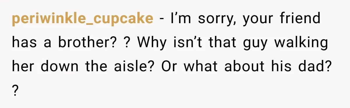 periwinkle_cupcake − I’m sorry, your friend has a brother? ? Why isn’t that guy walking her down the aisle? Or what about his dad? ?