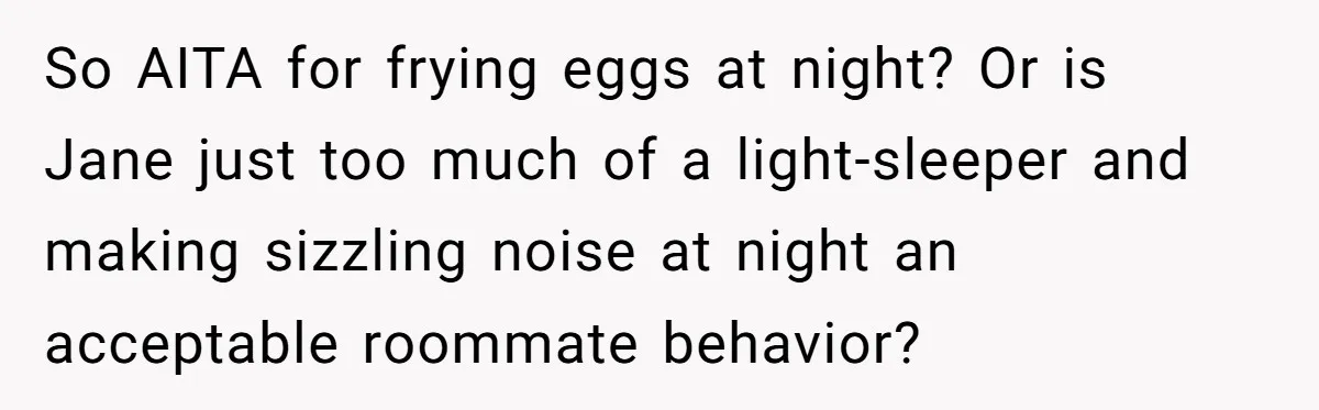 So AITA for frying eggs at night? Or is Jane just too much of a light-sleeper and making sizzling noise at night an acceptable roommate behavior?