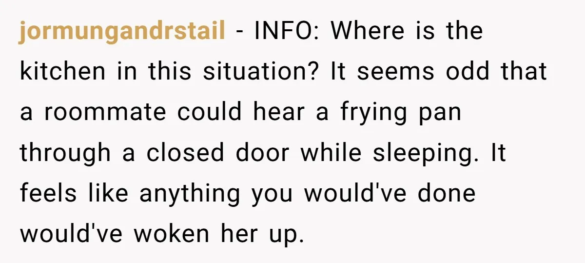 jormungandrstail − INFO: Where is the kitchen in this situation? It seems odd that a roommate could hear a frying pan through a closed door while sleeping. It feels like...