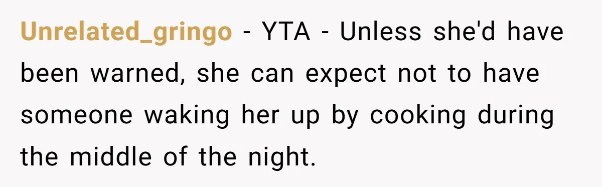 Unrelated_gringo − YTA - Unless she'd have been warned, she can expect not to have someone waking her up by cooking during the middle of the night.