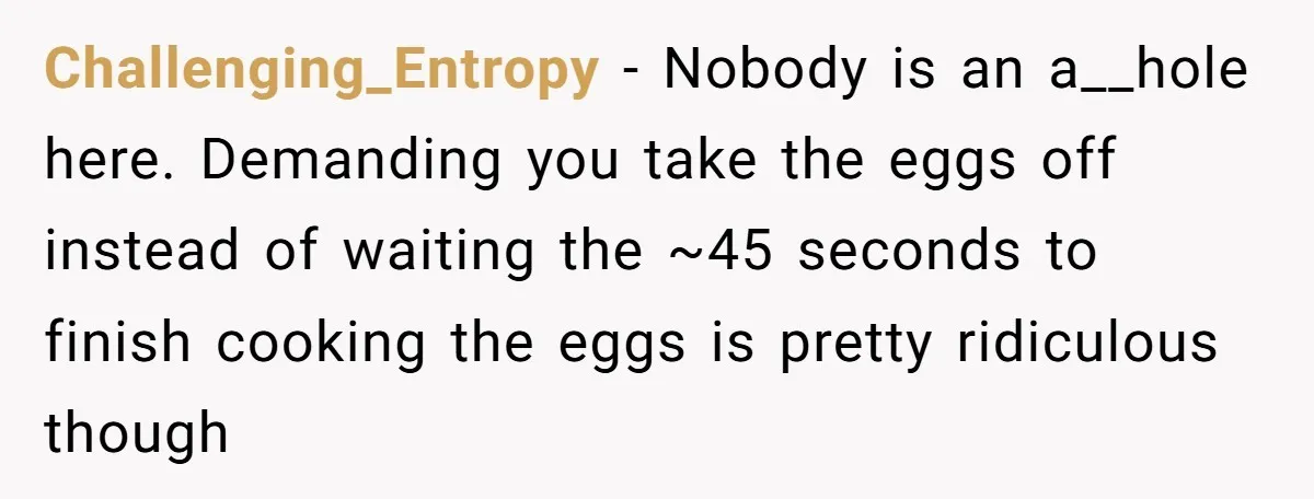 Challenging_Entropy − Nobody is an a__hole here. Demanding you take the eggs off instead of waiting the ~45 seconds to finish cooking the eggs is pretty ridiculous though