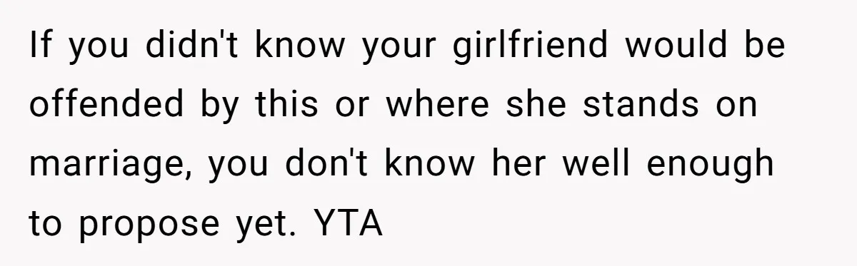 If you didn't know your girlfriend would be offended by this or where she stands on marriage, you don't know her well enough to propose yet. YTA