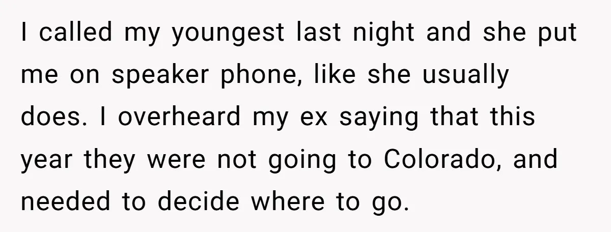 I called my youngest last night and she put me on speaker phone, like she usually does. I overheard my ex saying that this year they were not going to...