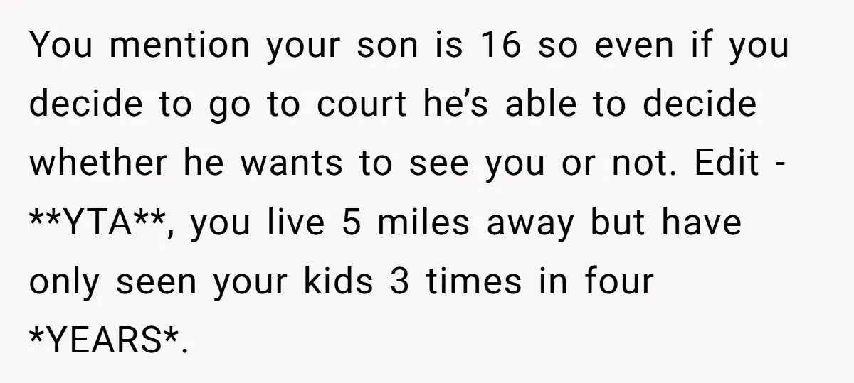 You mention your son is 16 so even if you decide to go to court he’s able to decide whether he wants to see you or not. Edit - **YTA**,...