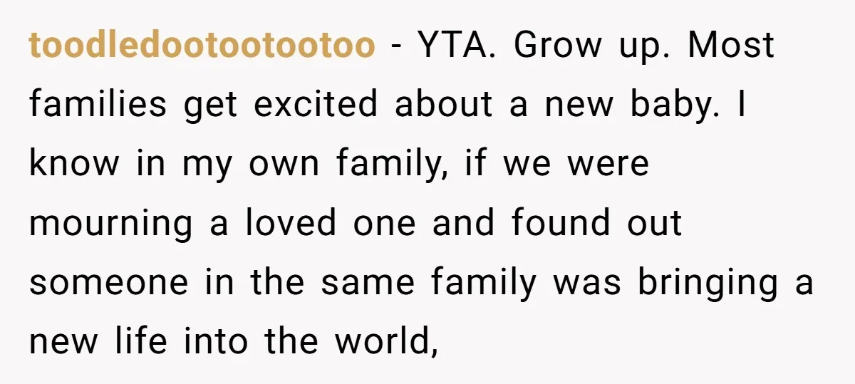 toodledootootootoo − YTA. Grow up. Most families get excited about a new baby. I know in my own family, if we were mourning a loved one and found out someone...